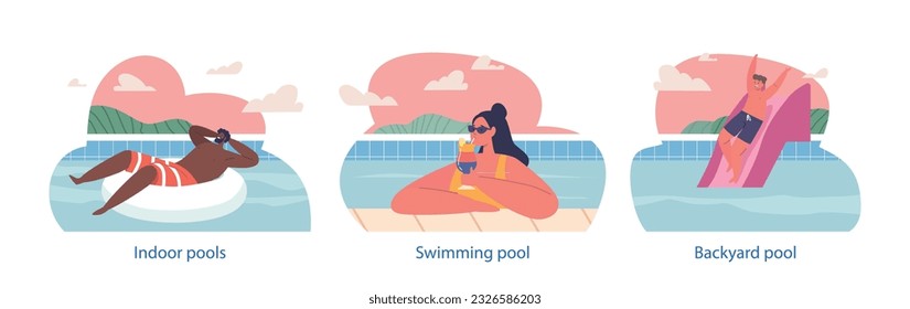 Isolated Elements with Characters Enjoy Swimming And Relaxing In Pool, Soaking Up The Sun, And Taking Refreshing Dips