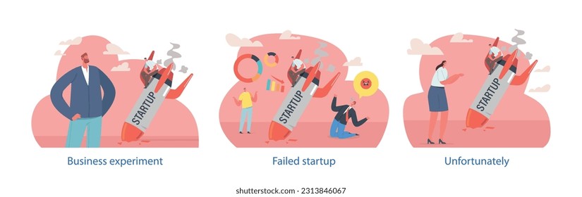 Isolated Elements with Characters and Failed Startup Rocket. Unsuccessful Venture, Financial Loss, Lack Of Market