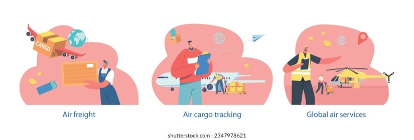 Isolated Elements With Characters Perform Air Cargo Delivery, Transporting Goods By Aircraft. Fast Efficient Shipment