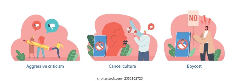 Isolated Elements With Characters Perform Cancel Culture Scenes, Refer To The Practice Of Publicly Shaming Or Boycotting