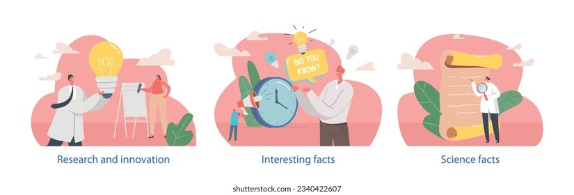 Isolated Elements With Characters Perform Interesting Facts. Concrete Verifiable Information Cartoon Vector Illustration