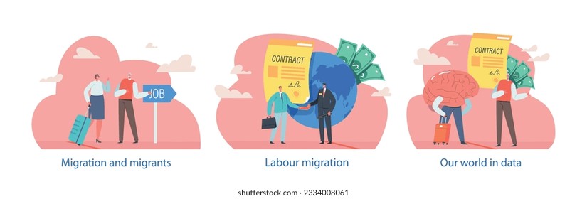Isolated Elements with Characters Perform Migration Scenes. Movement Of Individuals From One Place To Another