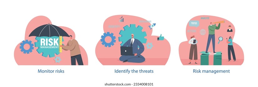Isolated Elements with Characters Perform Risk Management Scenes. Process Of Identifying, Analyzing, Vector Illustration
