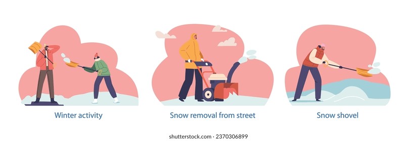 Isolated Elements with Characters Shoveling Snow. Bundled Up In Winter Gear, They Work To Clear A Path Through The Snow