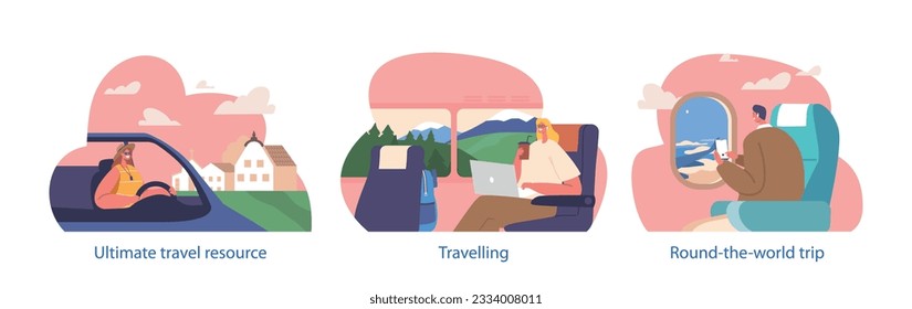 Isolated Elements With Characters Traveling By Airplane, Car And Bus Transport. People Look Into Windows And Relax