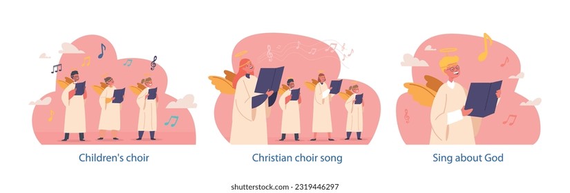 Isolated Elements With Children Characters Dressed In Angel Dress, Singing In A Choir, Create A Beautiful Atmosphere