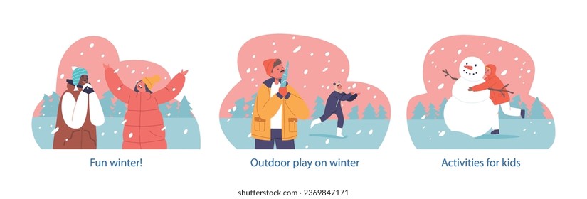 Isolated Elements with Children Eat Freshly Fallen Snowflakes with Happy Giggles. Kids Enjoying Outdoor Activities