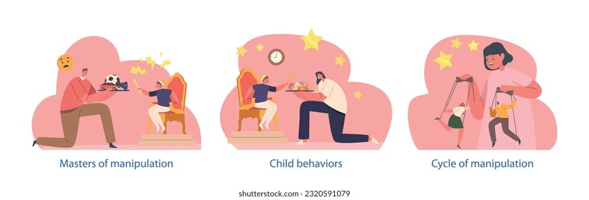 Isolated Elements with Children Manipulating Parents like Puppets. Boy Asserting Power On Throne, Exhibiting Authority