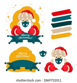 Isolated Elements of Christmas Color Block Character of Santa Claus in a Medical Mask with a Beard, Hat and New Year Costume with Ribbon for Wrapping Paper, Background, Gifts to Covid-19 period