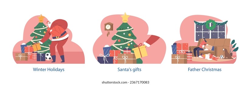 Isolated Elements With Christmas Scenes. Children Characters Sleeping In Living Room At Eve Night, Santa Putting Gift