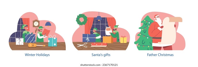 Isolated Elements With Christmas Winter Holiday Scenes. Santa Claus Reading Wish List Scroll, Funny Elves Prepare Gifts