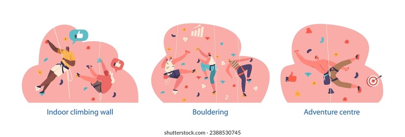 Isolated Elements with Climbers Scaling Colorful Bouldering Walls, Showcasing Strength, Balance, And Determination