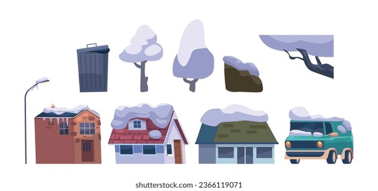 Isolated Elements Cottage Houses, Trees, Car, Litter Bin and Street Light Covered with Snow and Ice. Blizzard Disaster