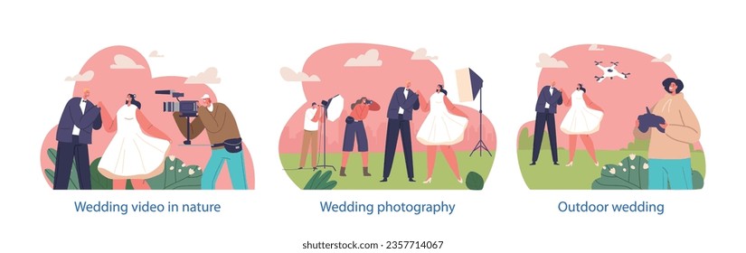 Isolated Elements with Couple at Wedding Photoshoot. Photographer, Videographer, And A Drone, Capture Their Joy