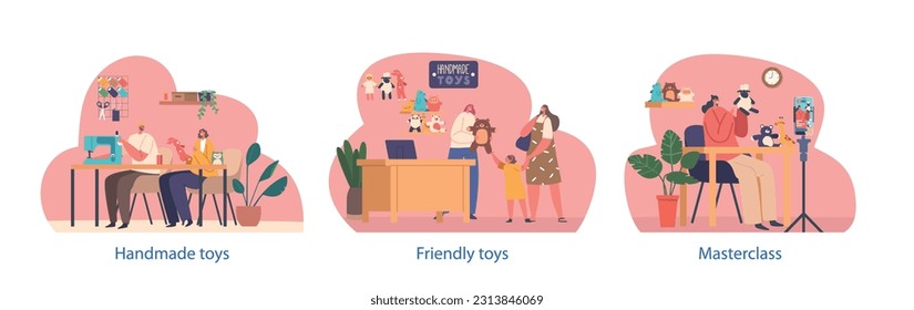 Isolated Elements with Creative Masters Making Handmade Toys, Recording Video Tutorials and Sell Production in Stores