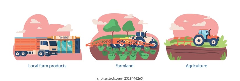 Isolated Elements With Cultivation Stages. Soil Plowing, Watering Plants, Delivery To Stores. Icons Encompass Process