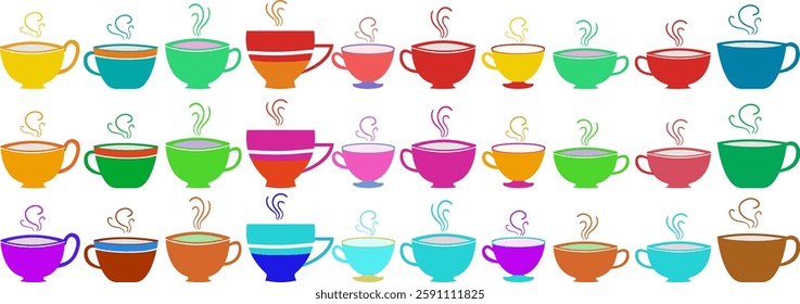 isolated elements of a cup of coffee tea of bright color of different shapes on a white background silhouettes icon