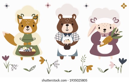 Isolated elements with cute easter characters fox, bear, bunny and floral motif around.