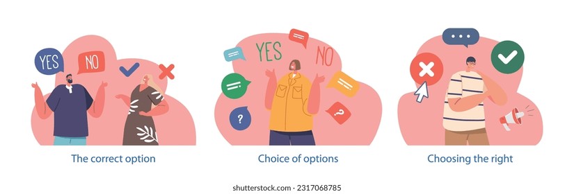 Isolated Elements With Decision-making Scenes. Characters Contemplating Options, Weighing Pros And Cons