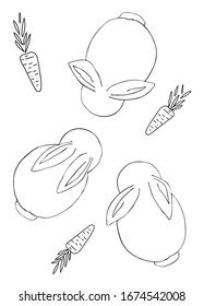 Isolated elements of decorative cute little bunnies with a fluffy tail and carrots on a white background. Vector illustration