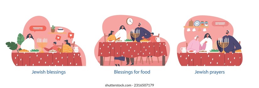 Isolated Elements with Devout Jewish Family Characters Sitting at Table and Pray, Expressing Gratitude