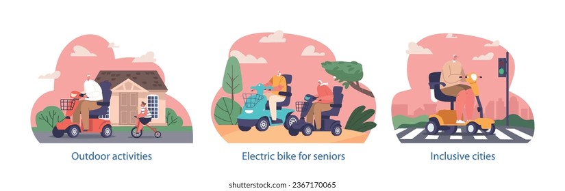 Isolated Elements With Elderly People Characters Riding On Wheelchair Scooters, Embracing Life Adventures