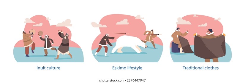 Isolated Elements With Eskimo Characters Hunting Polar Bear, Sewing, And Dancing. Inuit People Culture, Lifestyle