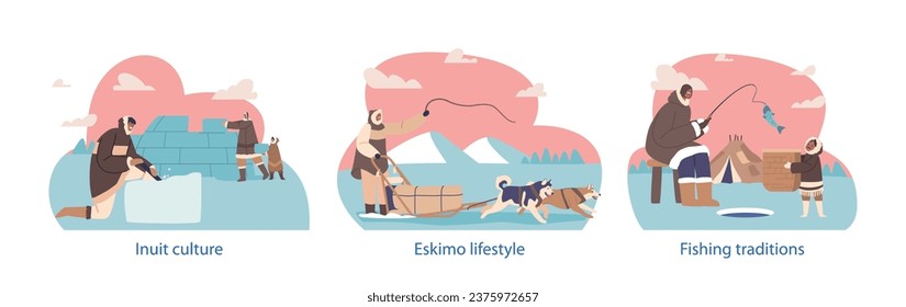 Isolated Elements with Eskimos Or Inuit Characters Live In The Arctic, Relying On Ice Fishing, Hunting, Riding Dogs Sled