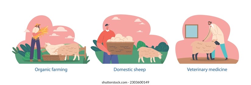 Isolated Elements With Farmer Characters Breeding Domestic Sheep Providing Care, Feeding, Veterinary Medicine