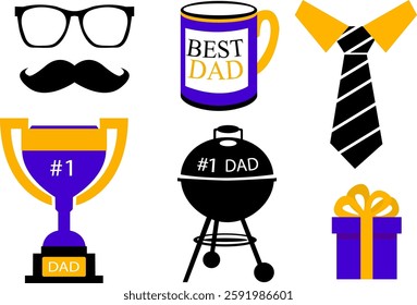 isolated elements father's day gift mustache glasses tie grill prize, award, in modern bright design for textiles web background decorations stickers yellow black blue