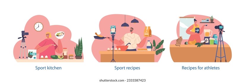 Isolated Elements with Food Blogger Characters Cooking Sport Nutrition On Camera, Cartoon Vector Illustration