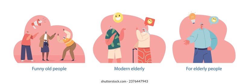 Elementos aislados con gente vieja divertida. Personajes De Edad Moderna Compartiendo Risa, Mostrando Gesto De Puntuación Jugador