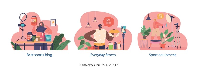 Isolated Elements with Influencer Characters Promote Sports Equipment and Food, Showcasing Product Features