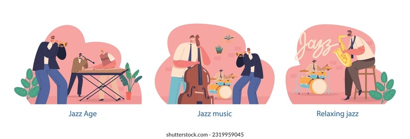 Isolated Elements with Jazz Band Characters Performing Live On Stage, With Rhythmic Melodies, And Music, Illustration