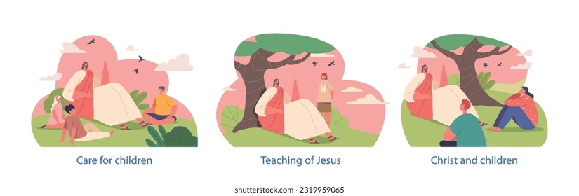 Isolated Elements With Jesus Biblical Character Sit Under A Tree, Captivating Children With His Storytelling