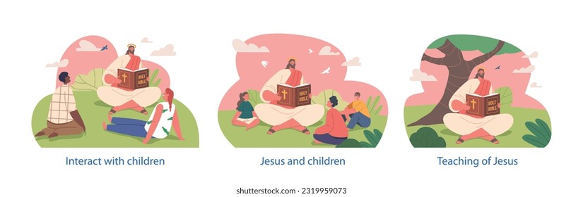 Einzige Elemente mit Jesus-Charakter, die die Lehren der Heiligen Bibel mit Kindern auf einem sonnigen Sommerfeld teilen