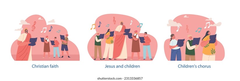 Isolated Elements with Jesus And Children Singing Chorals With Notes In Their Hands, Radiating Joy And Harmony