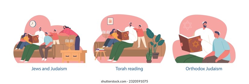 Isolated Elements With Jewish Family Characters Gathered Together, Immersed In The Sacred Act Of Reading The Torah