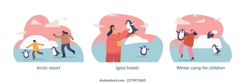 Isolated Elements with Joyful Children Characters Frolic With Penguins Beside An Igloo At A Winter Camp, Vector