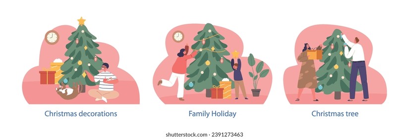 Isolated Elements With Joyful Family Gathers Around Twinkling Christmas Tree, Lovingly Decorate It With Ornaments