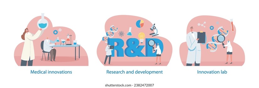 Isolated Elements With Laboratory Innovation, Research and Development Scenes. Scientists Characters Working