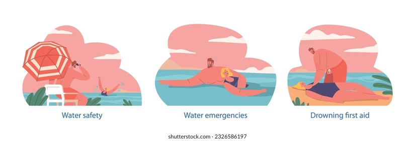 Isolated Elements With Lifeguard Characters On Beach Provide Water Safety, Emergencies, First Aid And Prevent Accidents