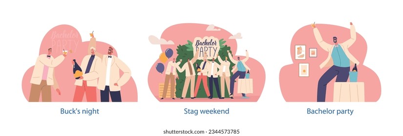 Isolated Elements with Male Characters Celebrate Bachelor or Stag Party. Buck Night Organized By The Groom-to-be
