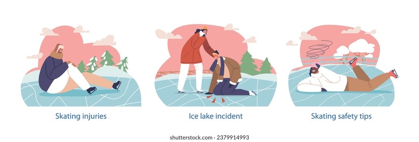 Isolated Elements With Male And Female Characters Falling On Ice Rink, Getting Trauma And Injuries. Skating Incidents