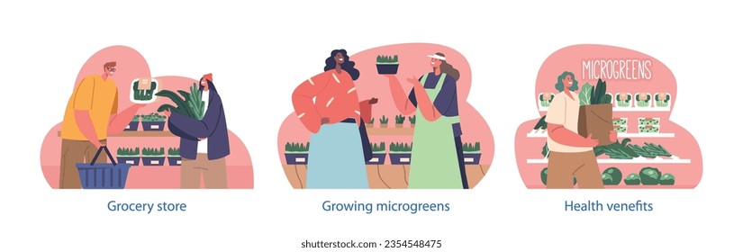 Isolated Elements with Male and Female Shoppers Characters Opt For Microgreens At The Grocery Store Vector Illustration