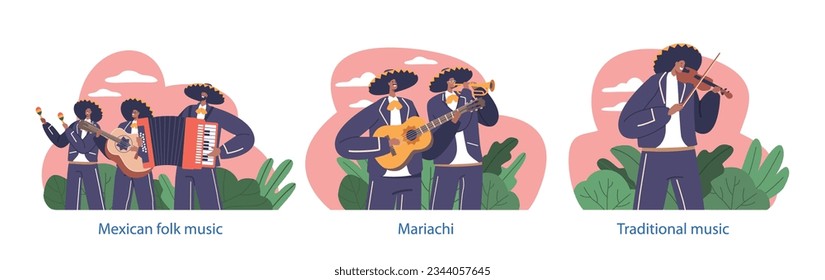 Isolated Elements with Mariachi Musician Band Playing Traditional Mexican Instruments Like Trumpet, Violin, Maracas