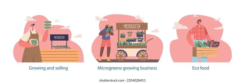 Elementos aislados con microvegetales que crecen y venden negocios. Caracteres de agricultores que cultivan brotes