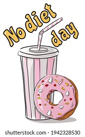isolated elements  no diet day. Detailed hand drawn Milk cocktail and donut. Poster. Print for fabric, packaging, label, poster, print. Vector.sketch. national doughnut day