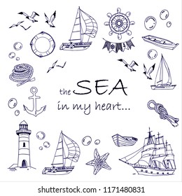 Isolated elements on the theme of the sea with an inscription on a white background: ship, sailboat, yacht, boat, ropes, lifebuoy, helm, seagull, lighthouse and other drawings for creativity