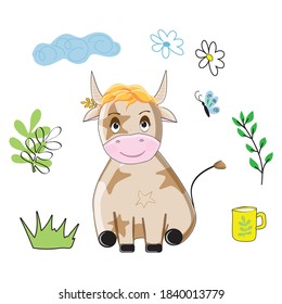 Isolated elements on a white background. Goby. Children's illustration. Cartoon style. The goby is surrounded by cute elements: a mug of milk, flowers, leaves and a cloud. For children's publications.